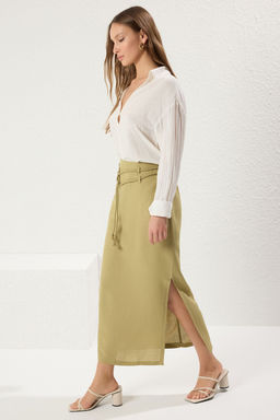 TRENDYOLMILLA Tas Kordon Kemerli Keten Kar?s?ml? Yandan Y?rtmacl? Maxi Boy Dokuma Etek TWOSS25ET00124 фото 10