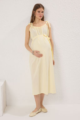 Sar? Hamile/Emzirmeye Uygun Ask?l? Belden Baglamal? Midi Elbise TBBSS25AH00182