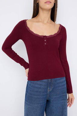 Teen Siyah Havuz Yaka Dugmeli Dantel Detayl? Vucuda Oturan Esnek Orme Bluz TWOAW26BZ00106 - Trendyolmilla фото 7