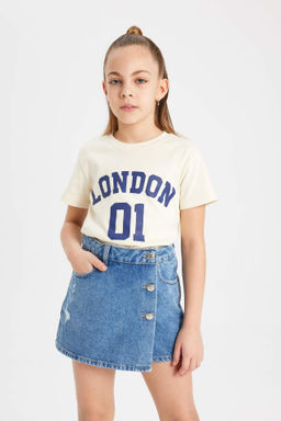 K?z Cocuk Slim Fit Dar Kesim Bisiklet Yaka Fitilli Kaskorse Bask?l? K?sa Kollu Tisort - Defacto фото 2