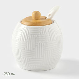 Набор фарфоровый сервировочный BellaTenero, 4 предмета: молочник 250 мл, сахарница с крышкой 250 мл, ложка, бамбуковая подставка, белая  фото 3