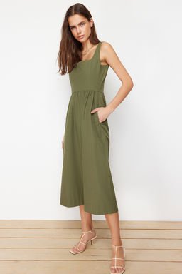 Haki Belden Ac?lan Midi Korse Dikis Detayl? Midi Dokuma Elbise TWOSS24EL00038