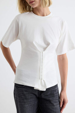 Ekru %100 Pamuk Agraf Detayl_ Bele Oturan Bisiklet Yaka _rme T-Shirt TWOAW27TS00014 - Trendyolmilla фото 3