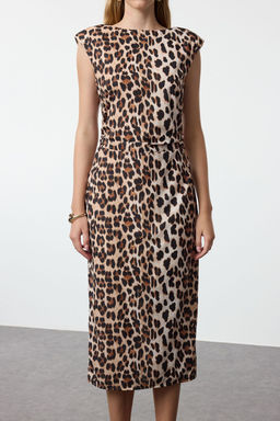 TRENDYOLMILLA Kahverengi Leopar Desenli Duz Kesim Vatkal? Dokuma Elbise TWOAW25EL00361 фото 9