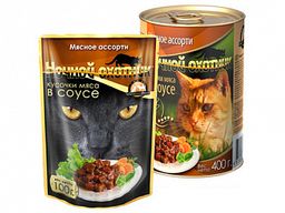 Консервированный корм для кошек "Ночной охотник" Мясное ассорти в соусе ж/б 415 гр.
