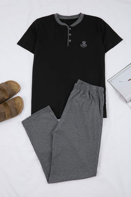 Siyah Regular Dugmeli Yaka Orme Pijama Tak?m? TMNSS26PT00033