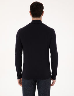 Lacivert Slim Fit Pamuk Kar___ml_ Yar_m Bal_k__ Yaka Basic Triko Kazak