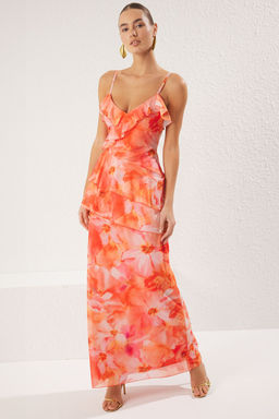 TRENDYOLMILLA Cok Renkli A-Kesim Cicekli Volanl? Tul Orme Uzun S?k Abiye & Mezuniyet Elbise TPRSS25AE00112