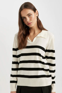 Regular Fit Polo Yaka Cizgili Basic Duz Triko Kazak - Defacto фото 2