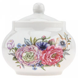 Сахарница фарфоровая "Розы 3D" 2 вариант 500мл, д12см, h9см, форма "Рубин" (Россия)