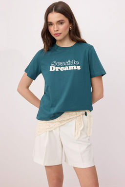 Ekru Slogan Regular/Normal Kal?p Dusuk Kol K?sa Kollu %100 Pamuk Orme T-Shirt TWOSS26TS00178 - Trendyolmilla фото 6