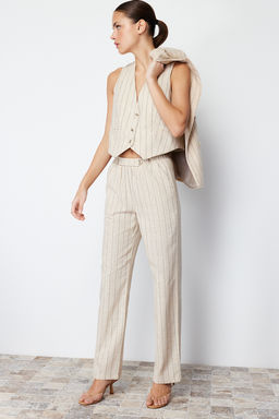 Bej Cizgili Beli Lastikli Cepli Straight/Duz Kesim Pamuk Keten Dokuma Pantolon TWOSS24PL00055
