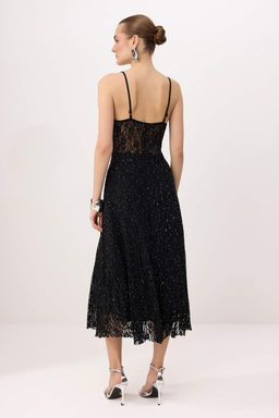 Siyah Dantel Tas Bask?l? Tul Astarl? Midi Elbise TPRSS26EL00004 - Trendyolmilla фото 6