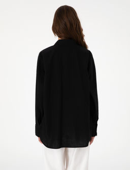 Siyah Oversize Keten Kar___ml_ Uzun Kollu G_mlek