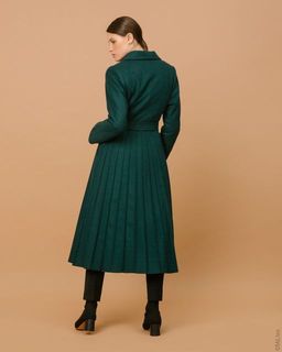 Зимнее шерстяное пальто с юбкой гофре макси, изумрудное. Арт. 322у