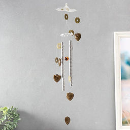 Музыка ветра Сердечки и китайские монеты, пластик, металл, 4 трубки, 70 см