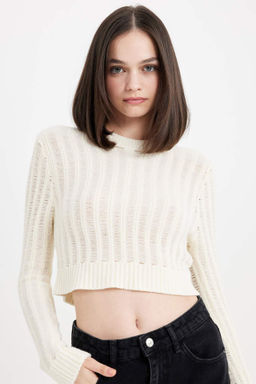 Regular Fit Crop Bisiklet Yaka Orgu Delikli Triko Kazak - Defacto фото 2