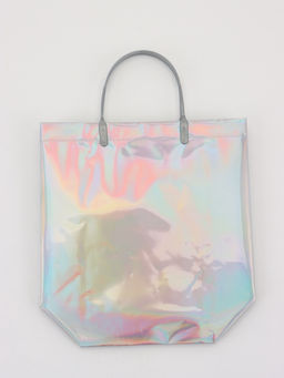 Пакет подарочный ПВХ, голография, серебро, пластиковая ручка, 26×22.5×10 см