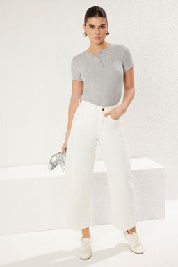 Trendyolmilla Gri Melanj Regular/Normal Kal?p Yar?m Patl? Esnek Orme Bluz TWOSS25BZ00070  фото 7