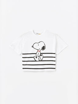 Bisiklet Yaka Snoopy Bask?l? K?sa Kollu K?z ?ocuk Crop Ti??rt