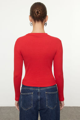 K?rm?z? Cut Out/Pencere Detayl? Bisiklet Yaka Fitilli Esnek Orme Bluz TWOAW21BZ0642 - Trendyolmilla фото 5