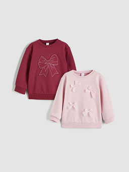 Bisiklet Yaka Fiyonk Bask?l? K?z ?ocuk Sweatshirt 2li