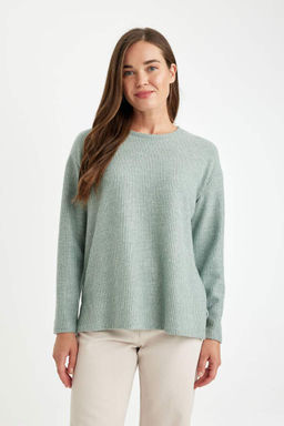 Женский простой свитшот свободного покроя с круглым вырезом в рубчик на бретельках с боковыми разрезами