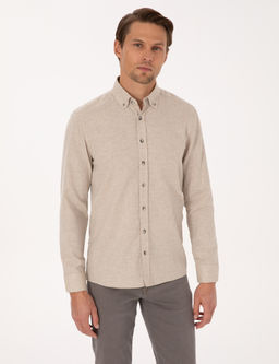Bej Flanel Dokulu Slim Fit Uzun Kollu G_mlek