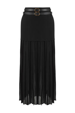 TRENDYOLMILLA Limited Edition Siyah Sifon Pilili Kemerli Dokuma Etek TWOSS25ET00108