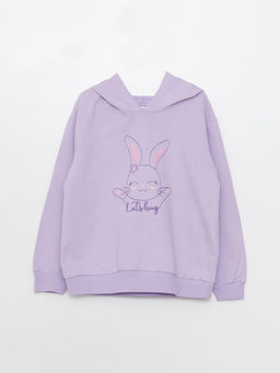 Kap??onlu Bask?l? Uzun Kollu K?z ?ocuk Sweatshirt
