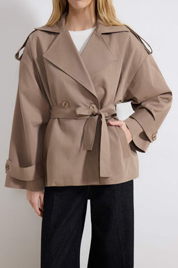 Vizon Yumusak Tuseli Kemerli Oversize Kruvaze Kapama Midi Trenckot TWOSS26TR00007 - Trendyolmilla фото 11