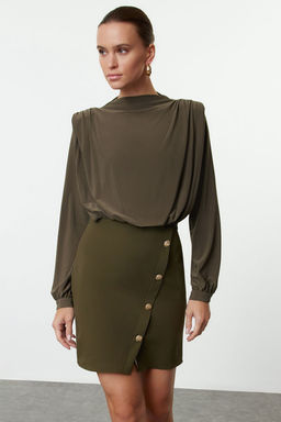 TRENDYOLMILLA Siyah Vucuda Oturan Vatkal? Dugme Detayl? Mini Dokuma Elbise TWOAW24EL00483  фото 21