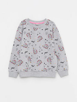 Bisiklet Yaka Bask?l? Uzun Kollu K?z ?ocuk Sweatshirt