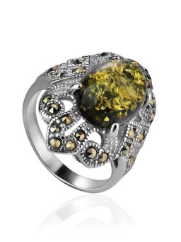 Эффектное серебряное кольцо с янтарем и марказитами Эйфория