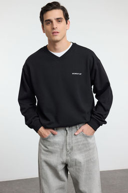 TRENDYOL MAN Bordo Unisex Oversize/Genis Kesim Ici Polarl? V Yaka Bask?l? Sweatshirt TMNAW25SW00157 - Trendyolmilla фото 2