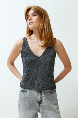 Gri Ince Basic V-Yaka Triko Bluz TWOSS23BZ00678 - Trendyolmilla фото 2