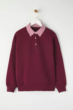 Bordo Dokuma Garni Detayl? Oversize Kal?p Polo Yaka Kal?n ici Polarl? Orme Sweatshirt TWOAW26SW00116