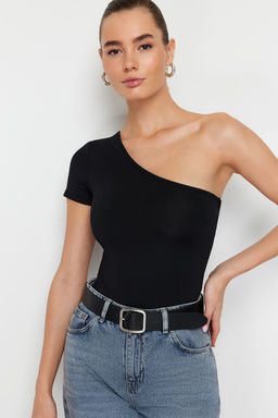 Siyah Fitted/Vucuda Oturan Asimetrik Yaka Tek Kol C?tc?tl? Esnek Orme Body TWOSS24BD00028