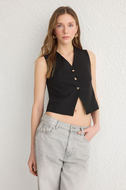 Siyah Fitted Crop Kalpli Dugmeli Dokuma Yelek TWOSS25YE00015