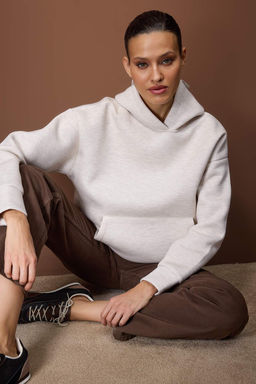 Bej Melanj Premium Oversize/Genis Kal?p Kal?n Esnek Orme Sweatshirt TWOAW26SW00246