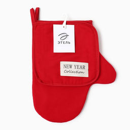Набор кухонный «Этель» New year collection, цвет красный, варежка-прихватка 18×29 см, прихватка 19×19 см