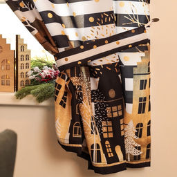 Комплект штор для кухни с подхватами «Этель. Золотой город, 2 шт., белые, чёрные, 145×180 см