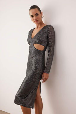 Antrasit Cut Out Detayl? Orme Payet Midi Astarl? S?k/Gece Elbise