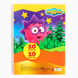 Цена за 2 шт. Цветной картон, А4, 10 листов, 10 цветов, мелованный, односторонний, в папке, 240 г/м², «Смешарики»