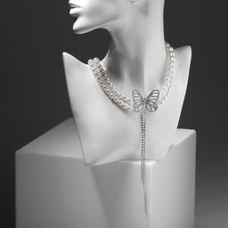 Колье с жемчугом Бабочка, белое в серебре, 30 см