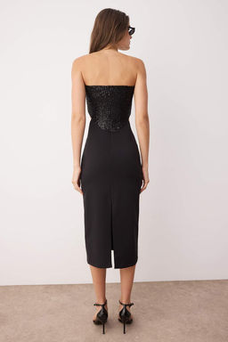 Siyah Cut Out/Pencere Detayl? Astarl? Payet Dokuma Midi Dugun/Nikah Elbisesi TPRSS25EL00306 - Trendyolmilla фото 4