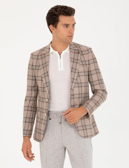 Kahverengi Slim Fit Keten Kar___ml_ Ceket