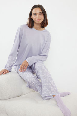 Trendyolmilla Lila %100 Pamuklu Cicekli Orme Pijama Tak?m? THMAW25PT00187