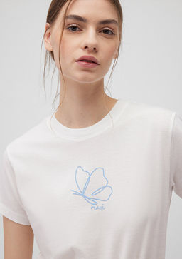 Bask?l? Beyaz Tisort