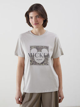 Bisiklet Yaka Mickey Mouse Bask?l? Kad?n Ti??rt